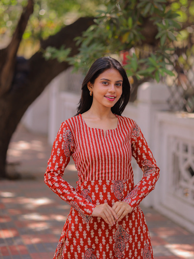 Rust Red Printed Kurta Pant Set for Women Elegant Cotton Ethnic Wear
