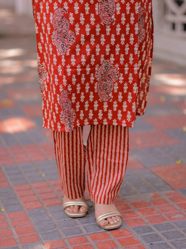 Rust Red Printed Kurta Pant Set for Women Elegant Cotton Ethnic Wear