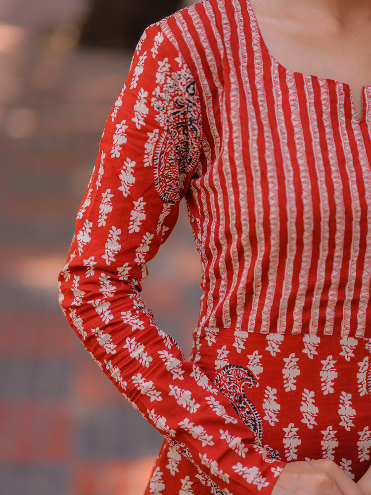 Rust Red Printed Kurta Pant Set for Women Elegant Cotton Ethnic Wear