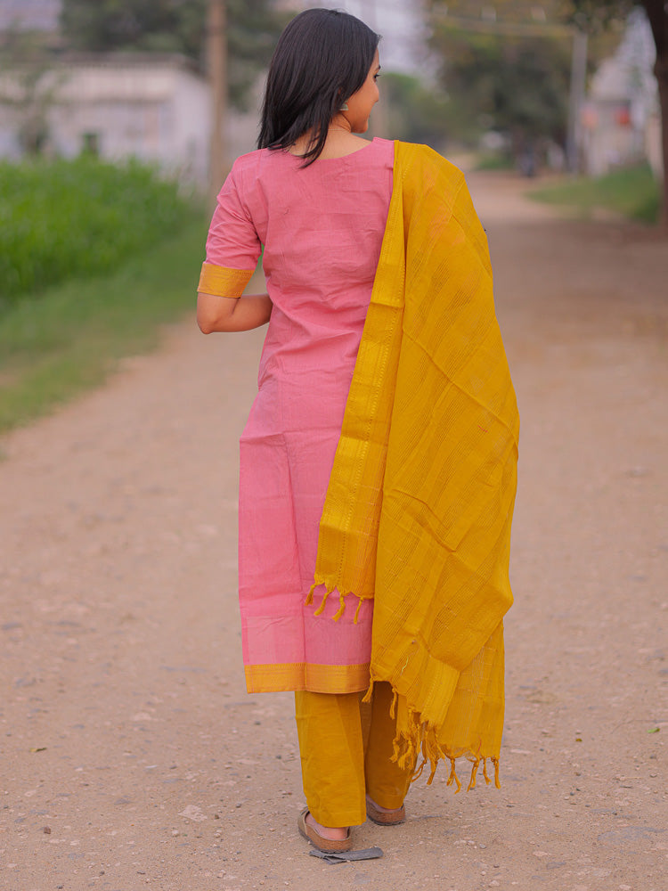 Pink Kurta Set with Mustard Dupatta for Women | Elegant Traditional Ethnic Wear