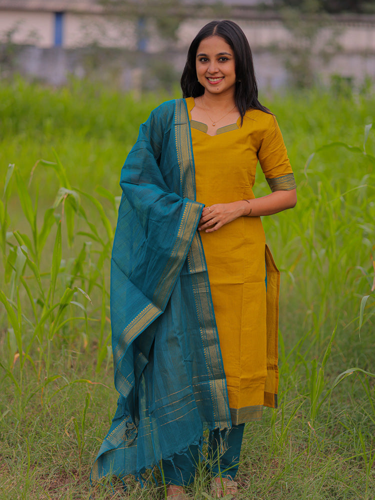 Mustard Yellow Kurta Set with Teal Dupatta for Women Elegant Traditional Ethnic Wear