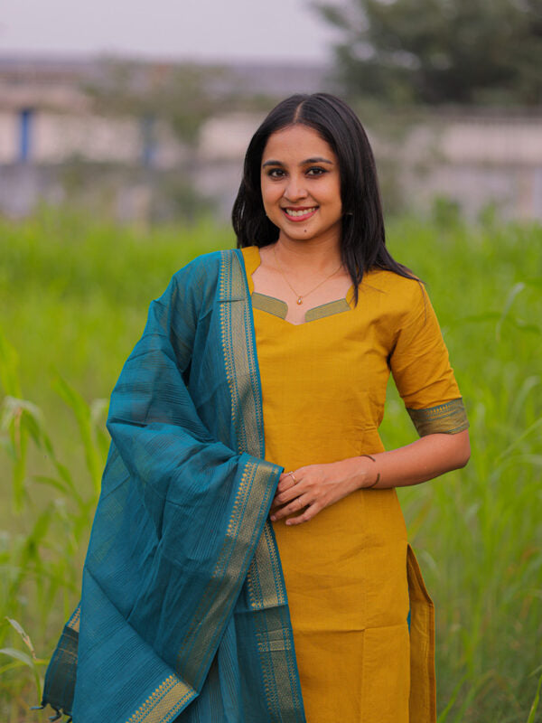 Mustard Yellow Kurta Set with Teal Dupatta for Women Elegant Traditional Ethnic Wear