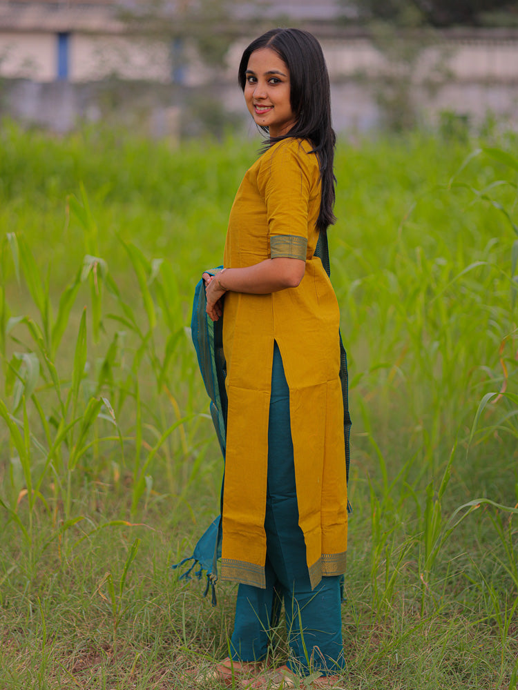 Mustard Yellow Kurta Set with Teal Dupatta for Women Elegant Traditional Ethnic Wear