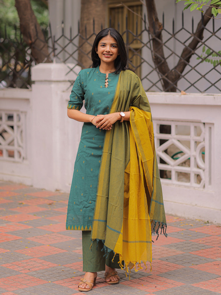 Teal Green Kurta Pant Dupatta Set for Women Elegant Cotton Ethnic Wear
