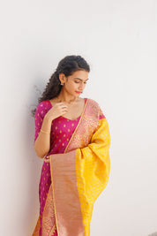 Pink Ethnic Kurta Set for Women with Yellow Banarasi Dupatta Festive Traditional Wear