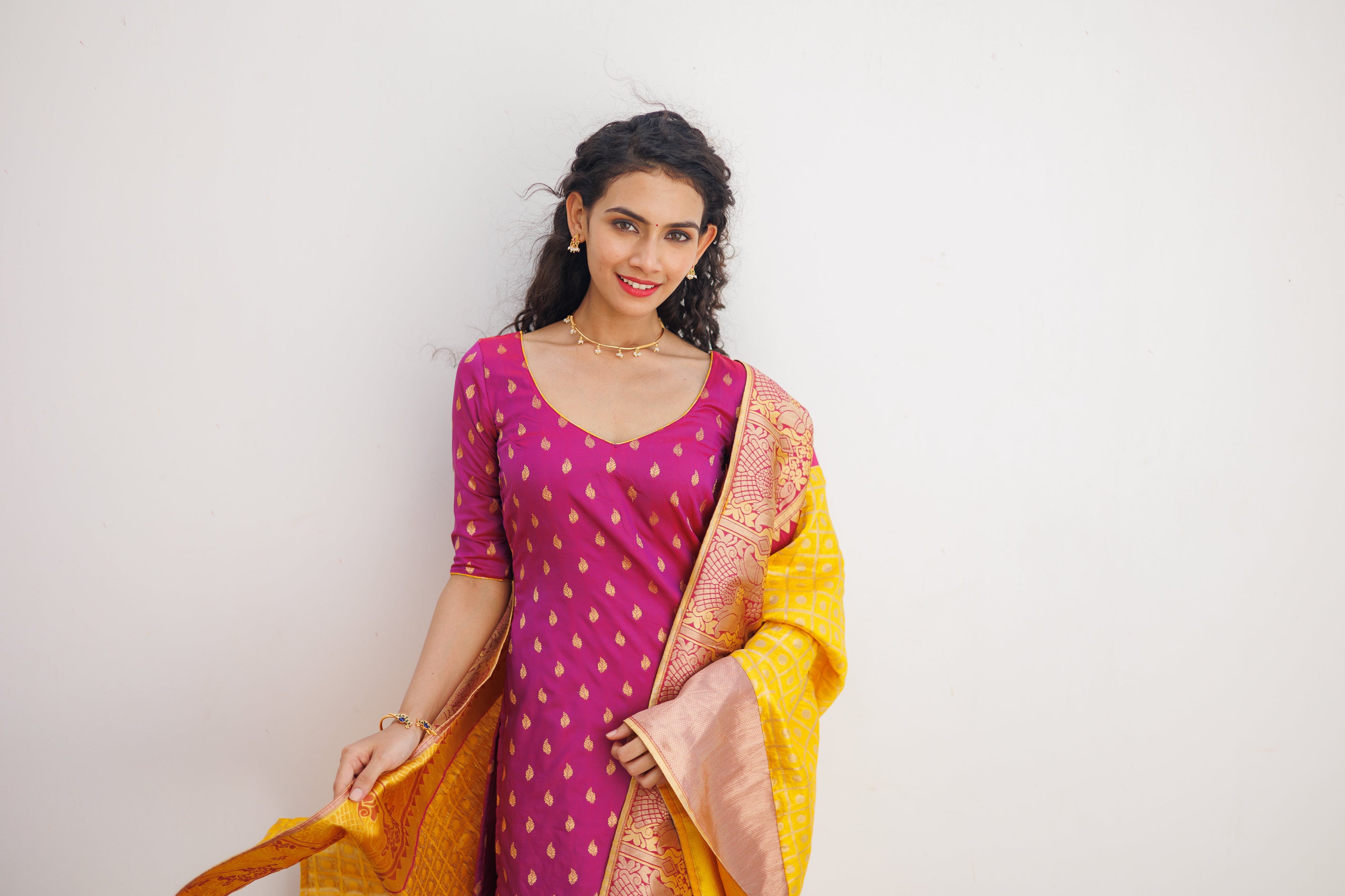 Pink Ethnic Kurta Set for Women with Yellow Banarasi Dupatta Festive Traditional Wear
