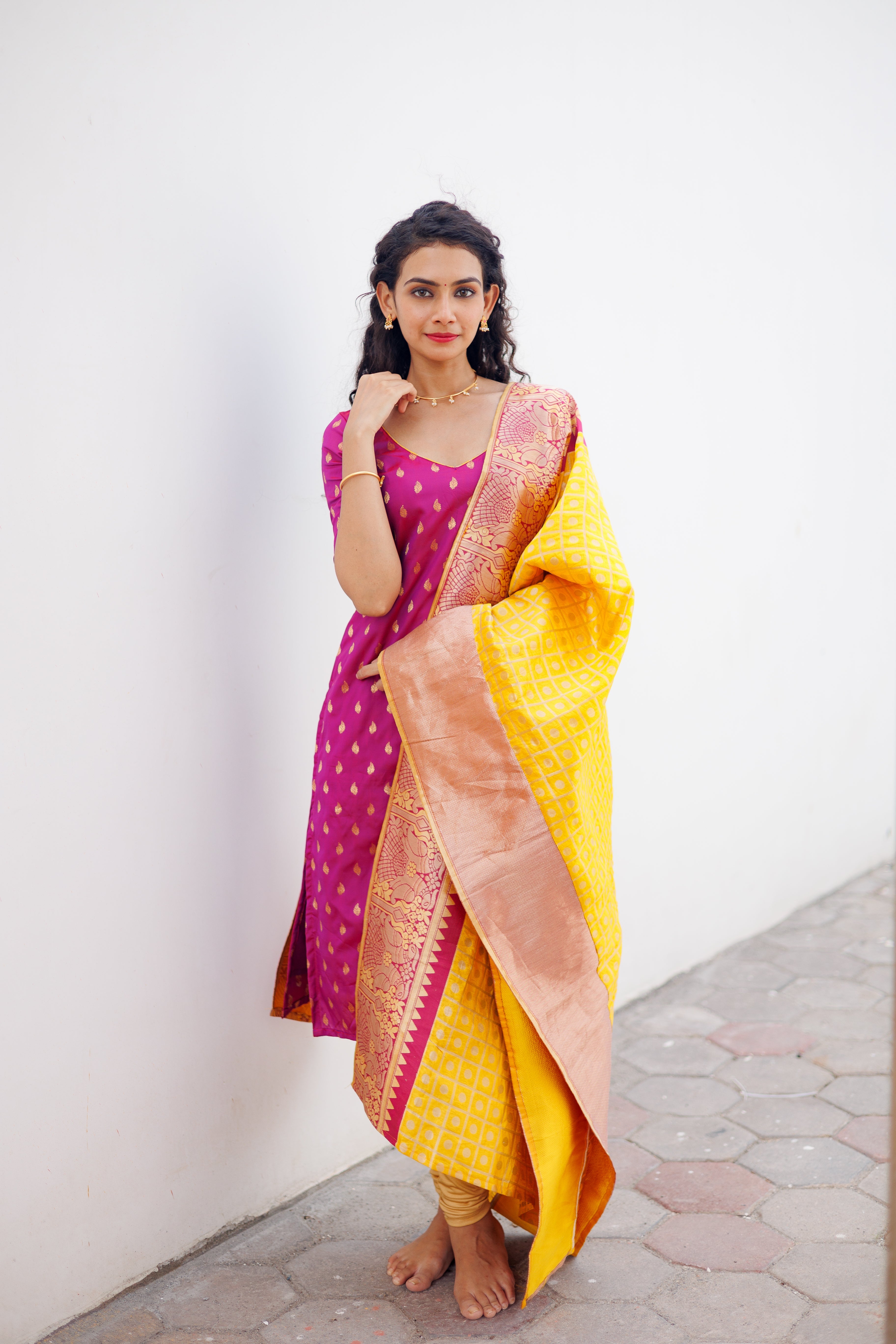 Pink Ethnic Kurta Set for Women with Yellow Banarasi Dupatta Festive Traditional Wear