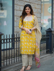 Mustard Heritage Printed Kurta Set for Women Stylish Ethnic Cotton Wear
