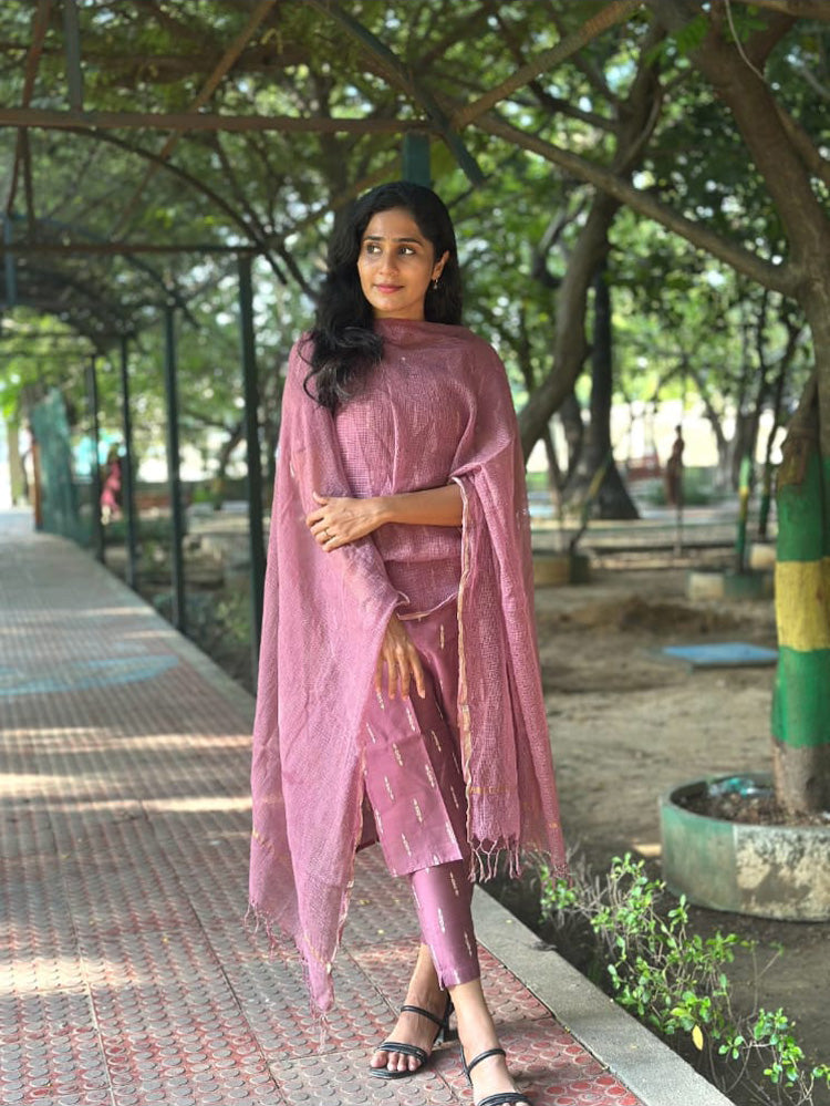 Mauve Cotton Kurta Pant Dupatta Set for Women Elegant Ethnic Wear Set