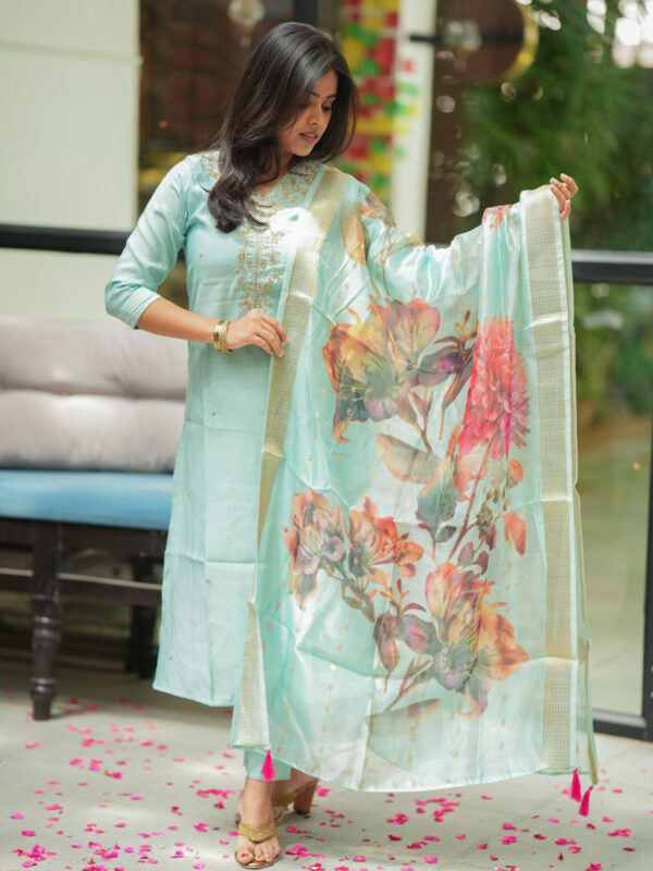 Mint Green Embroidered Kurta Set with Floral Organza Dupatta for Women Festive Ethnic Wear