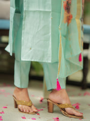 Mint Green Embroidered Kurta Set with Floral Organza Dupatta for Women Festive Ethnic Wear