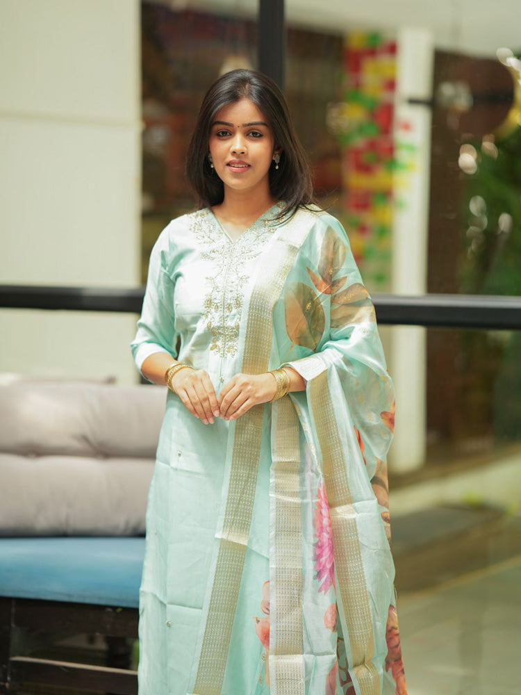 Mint Green Embroidered Kurta Set with Floral Organza Dupatta for Women Festive Ethnic Wear