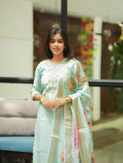 Mint Green Embroidered Kurta Set with Floral Organza Dupatta for Women Festive Ethnic Wear