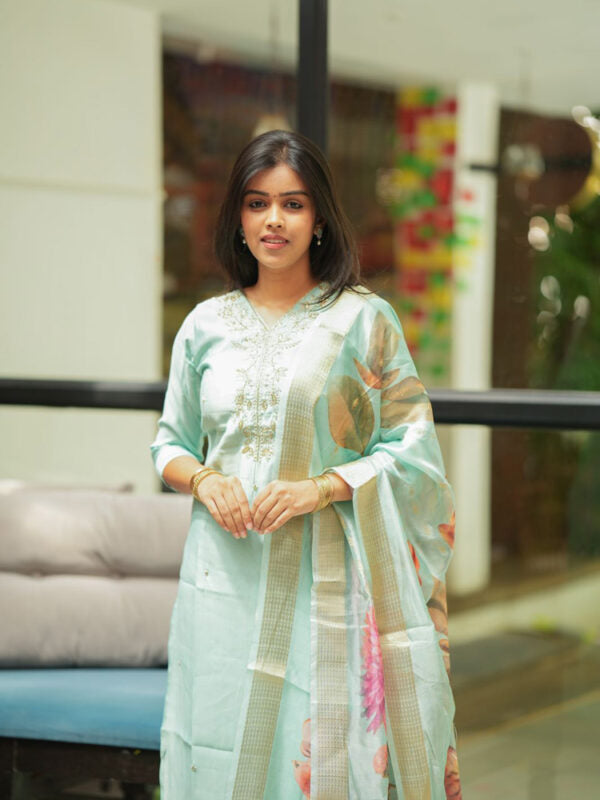 Mint Green Embroidered Kurta Set with Floral Organza Dupatta for Women Festive Ethnic Wear
