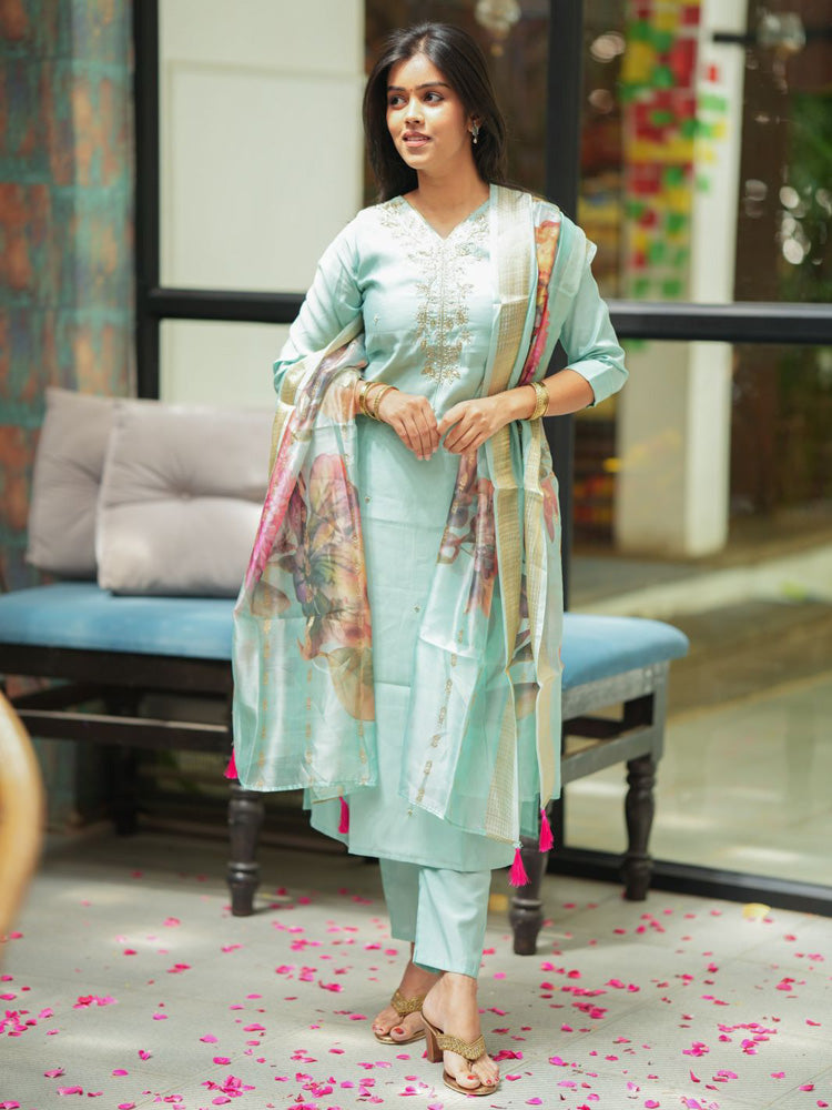 Mint Green Embroidered Kurta Set with Floral Organza Dupatta for Women Festive Ethnic Wear