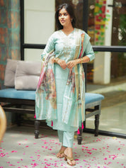 Mint Green Embroidered Kurta Set with Floral Organza Dupatta for Women Festive Ethnic Wear