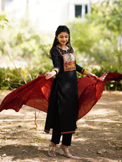 Black Embroidered Kurta Set with Maroon Dupatta for Women Traditional Festive Ethnic Wear