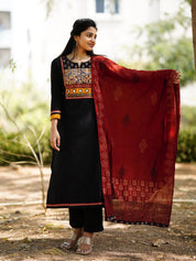 Black Embroidered Kurta Set with Maroon Dupatta for Women Traditional Festive Ethnic Wear