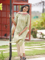 Sage Green Striped Kurta Set with Multicolour Dupatta for Women Elegant Casual Ethnic Wear