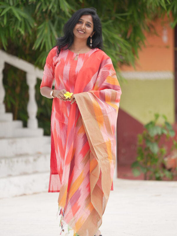 Coral Pink Kurta Set with Abstract Dupatta for Women | Stylish Festive Ethnic Wear