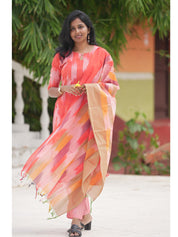 Coral Pink Kurta Set with Abstract Dupatta for Women | Stylish Festive Ethnic Wear
