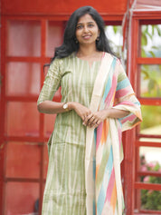 Sage Green Striped Kurta Set with Multicolour Dupatta for Women Elegant Casual Ethnic Wear