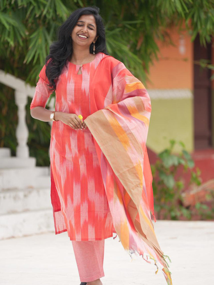 Coral Pink Kurta Set with Abstract Dupatta for Women | Stylish Festive Ethnic Wear