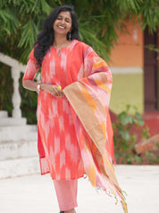 Coral Pink Kurta Set with Abstract Dupatta for Women | Stylish Festive Ethnic Wear