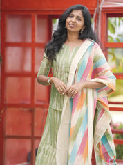 Sage Green Striped Kurta Set with Multicolour Dupatta for Women Elegant Casual Ethnic Wear
