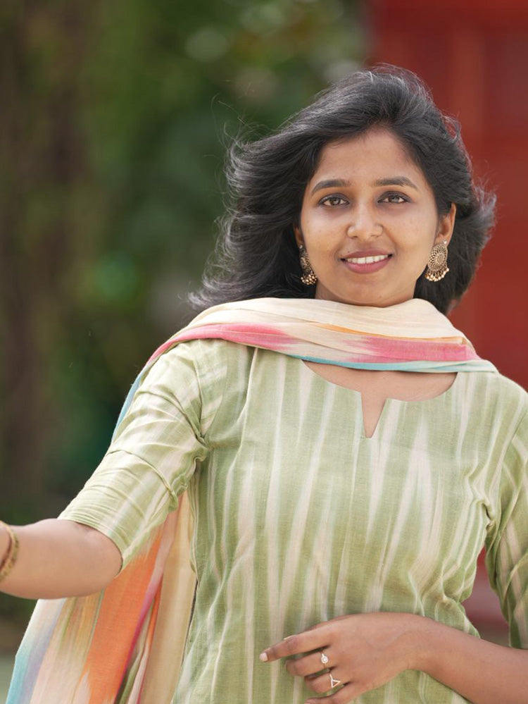 Sage Green Striped Kurta Set with Multicolour Dupatta for Women Elegant Casual Ethnic Wear
