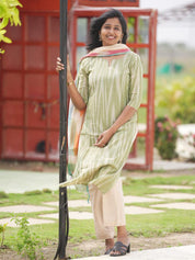 Sage Green Striped Kurta Set with Multicolour Dupatta for Women Elegant Casual Ethnic Wear