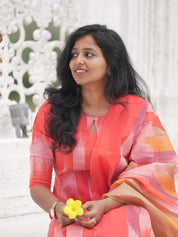 Coral Pink Kurta Set with Abstract Dupatta for Women | Stylish Festive Ethnic Wear