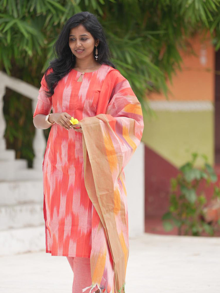 Coral Pink Kurta Set with Abstract Dupatta for Women | Stylish Festive Ethnic Wear