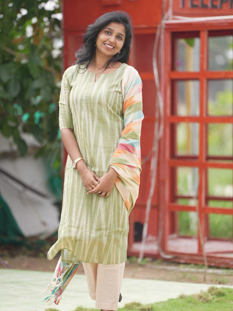Sage Green Striped Kurta Set with Multicolour Dupatta for Women Elegant Casual Ethnic Wear