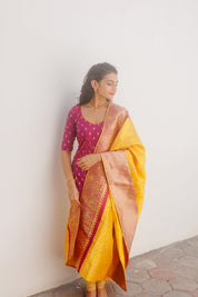 Pink Ethnic Kurta Set for Women with Yellow Banarasi Dupatta Festive Traditional Wear