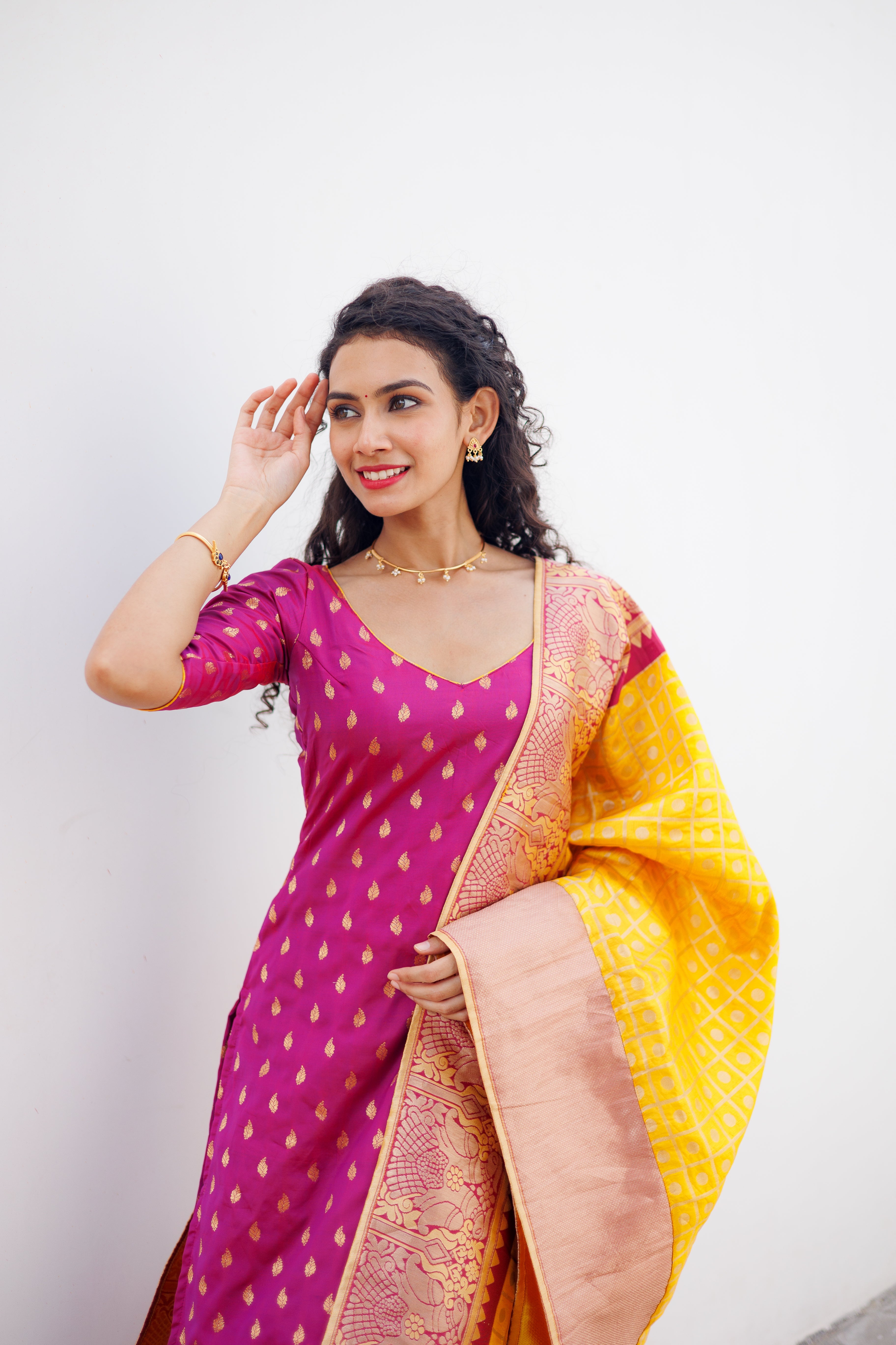 Pink Ethnic Kurta Set for Women with Yellow Banarasi Dupatta Festive Traditional Wear