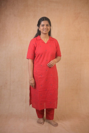 TheHandStitch Red Straight Kurti Pant Set for Women | Elegant Ethnic Daily & Office Wear