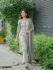 Silver Mist Embroidered Kurta Set for Women Elegant Grey Ethnic Wear