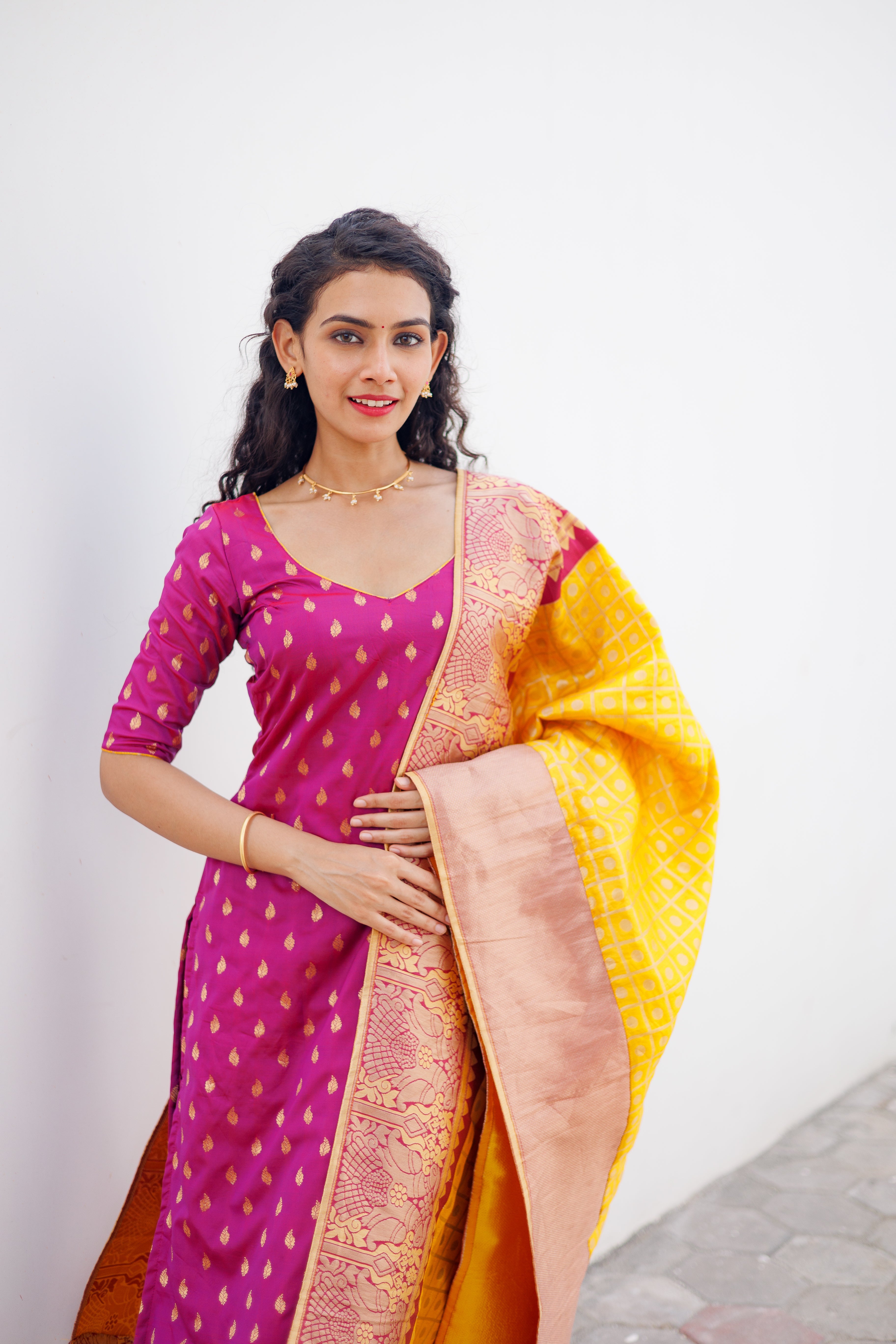 Pink Ethnic Kurta Set for Women with Yellow Banarasi Dupatta Festive Traditional Wear