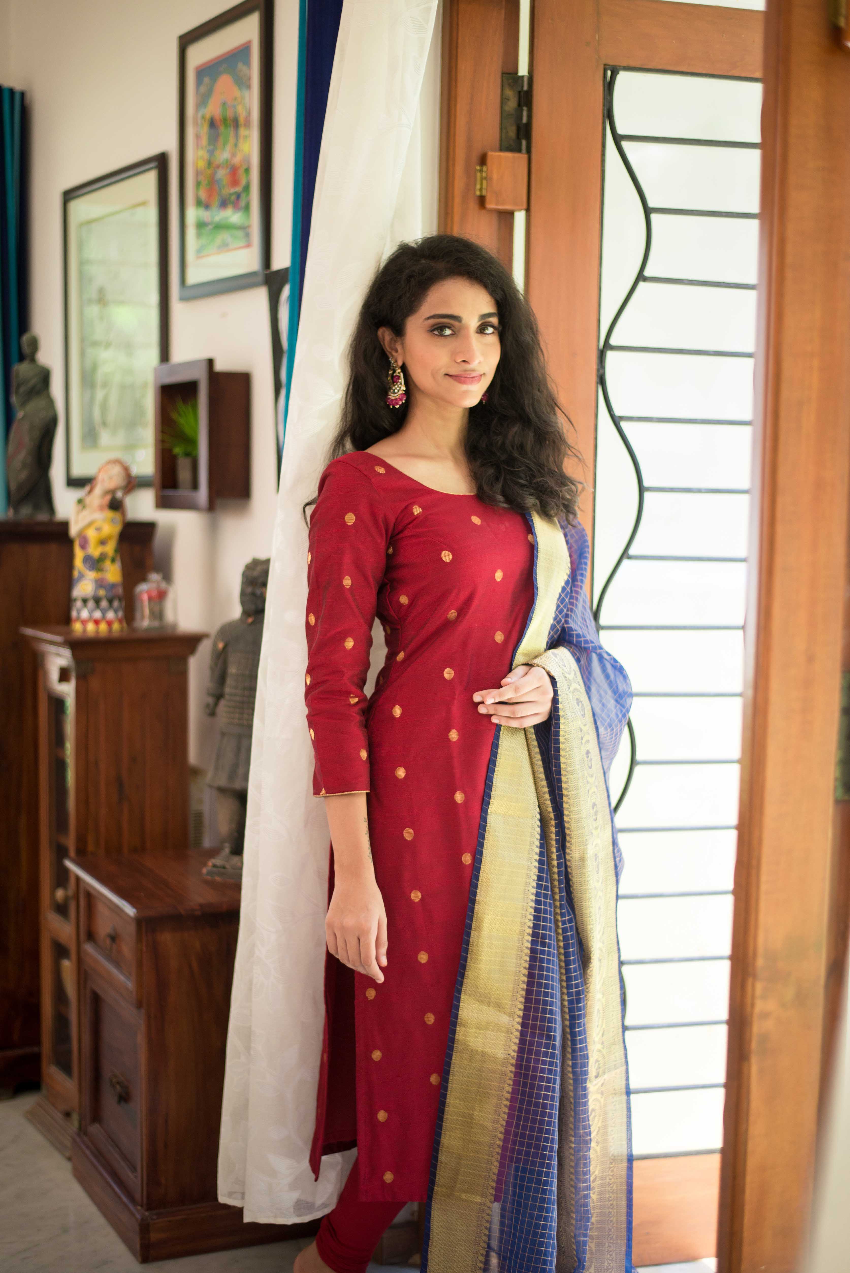 Maroon Silk Kurta Set for Women Traditional Festive Ethnic Suit with Dupatta