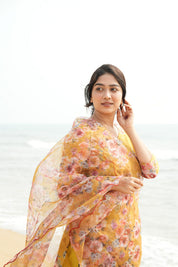 TheHandStitch Yellow Floral Organza Kurti Set for Women Elegant Beach Style Ethnic Wear