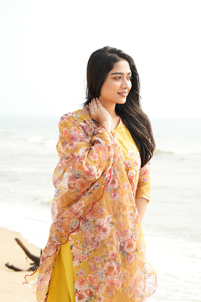 TheHandStitch Yellow Floral Organza Kurti Set for Women Elegant Beach Style Ethnic Wear