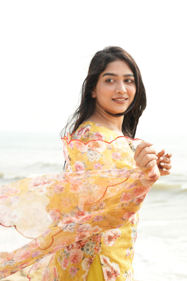 TheHandStitch Yellow Floral Organza Kurti Set for Women Elegant Beach Style Ethnic Wear