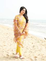 TheHandStitch Yellow Floral Organza Kurti Set for Women Elegant Beach Style Ethnic Wear