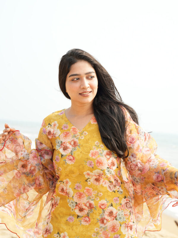 TheHandStitch Yellow Floral Organza Kurti Set for Women Elegant Beach Style Ethnic Wear
