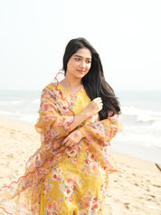 TheHandStitch Yellow Floral Organza Kurti Set for Women Elegant Beach Style Ethnic Wear