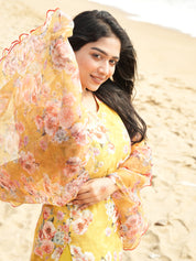 TheHandStitch Yellow Floral Organza Kurti Set for Women Elegant Beach Style Ethnic Wear