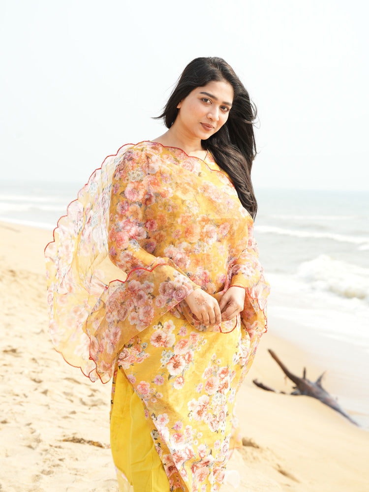 TheHandStitch Yellow Floral Organza Kurti Set for Women Elegant Beach Style Ethnic Wear