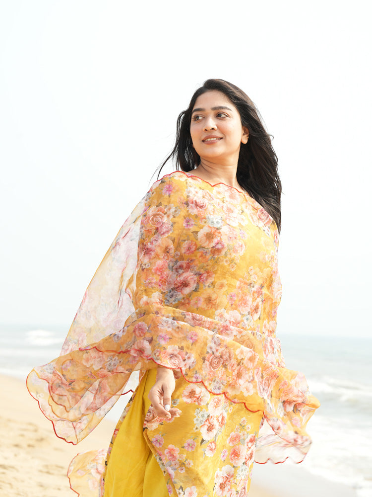 TheHandStitch Yellow Floral Organza Kurti Set for Women Elegant Beach Style Ethnic Wear