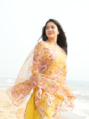 TheHandStitch Yellow Floral Organza Kurti Set for Women Elegant Beach Style Ethnic Wear
